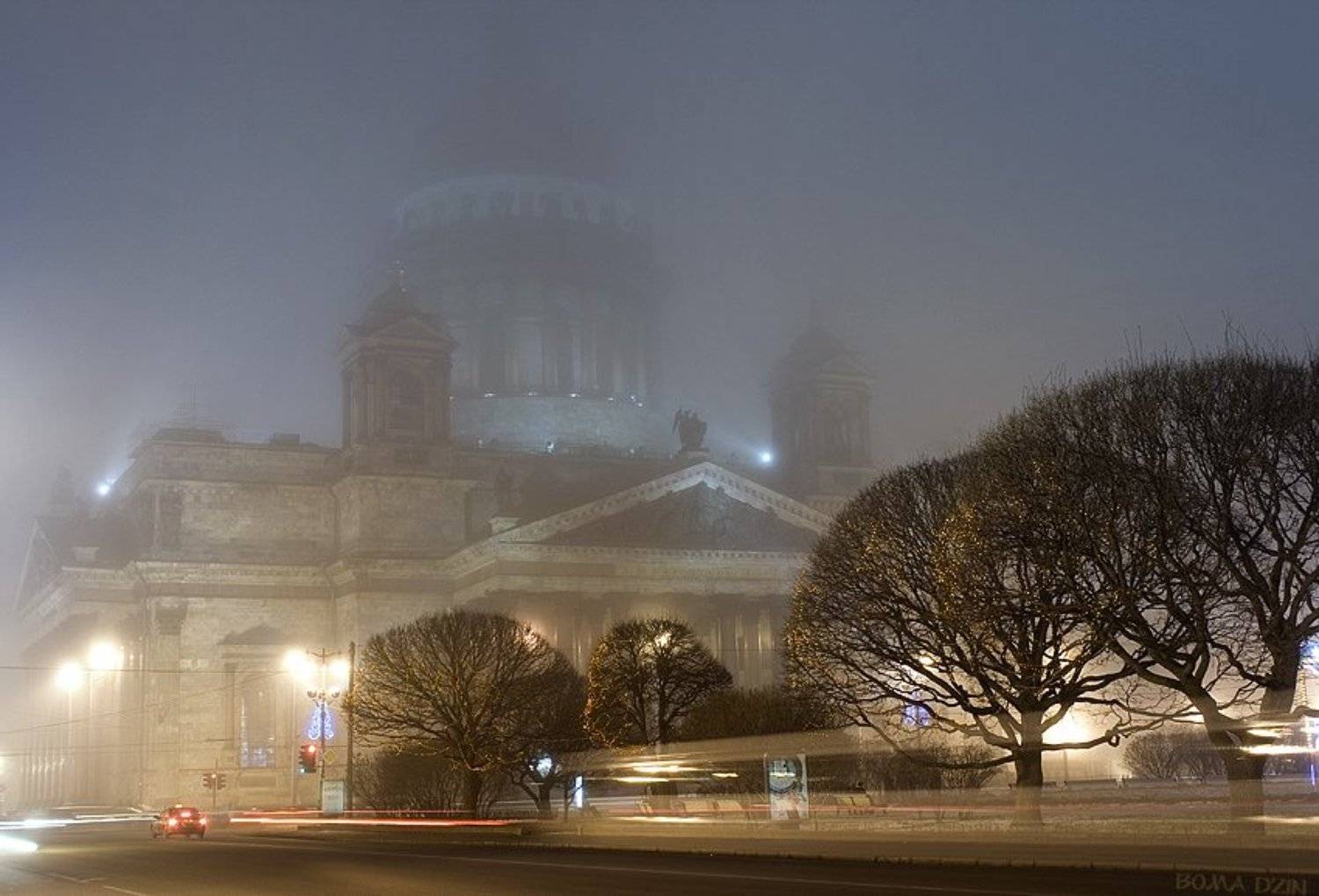 питер, туман, исаакиевский собор, ночь, фонари, Бома Дзин