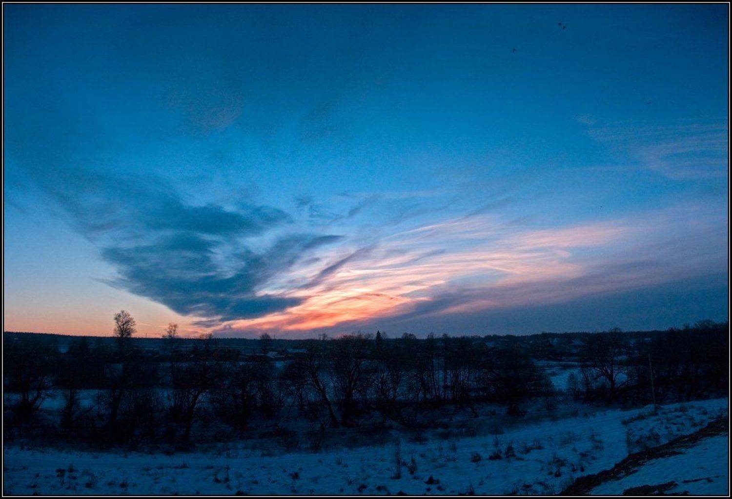 закат, вечер, облака, зима, река, птицы, Алёна