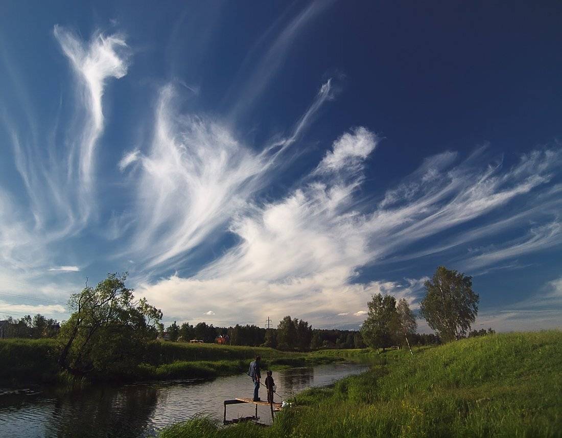 лето, река, небо, облака, рыбаки, Владимир Перепечаев