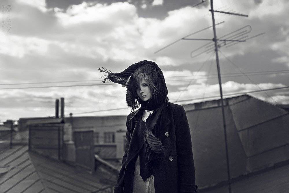carrotcat, bw, girl, roof, sky, ветер, настроение, крыша, девушка, Женя Белан