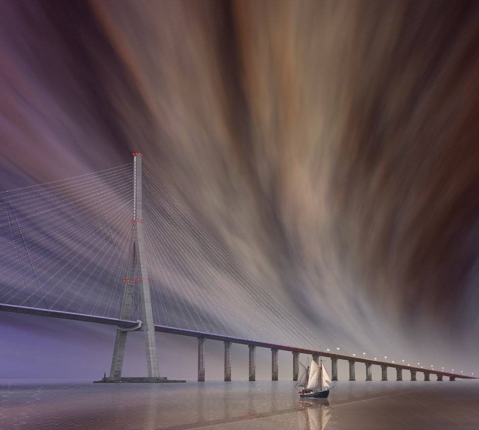 bridge, colors, colorful, ocean, water, channel, boat, sailing, sky, future, fantasy, Caras Ionut