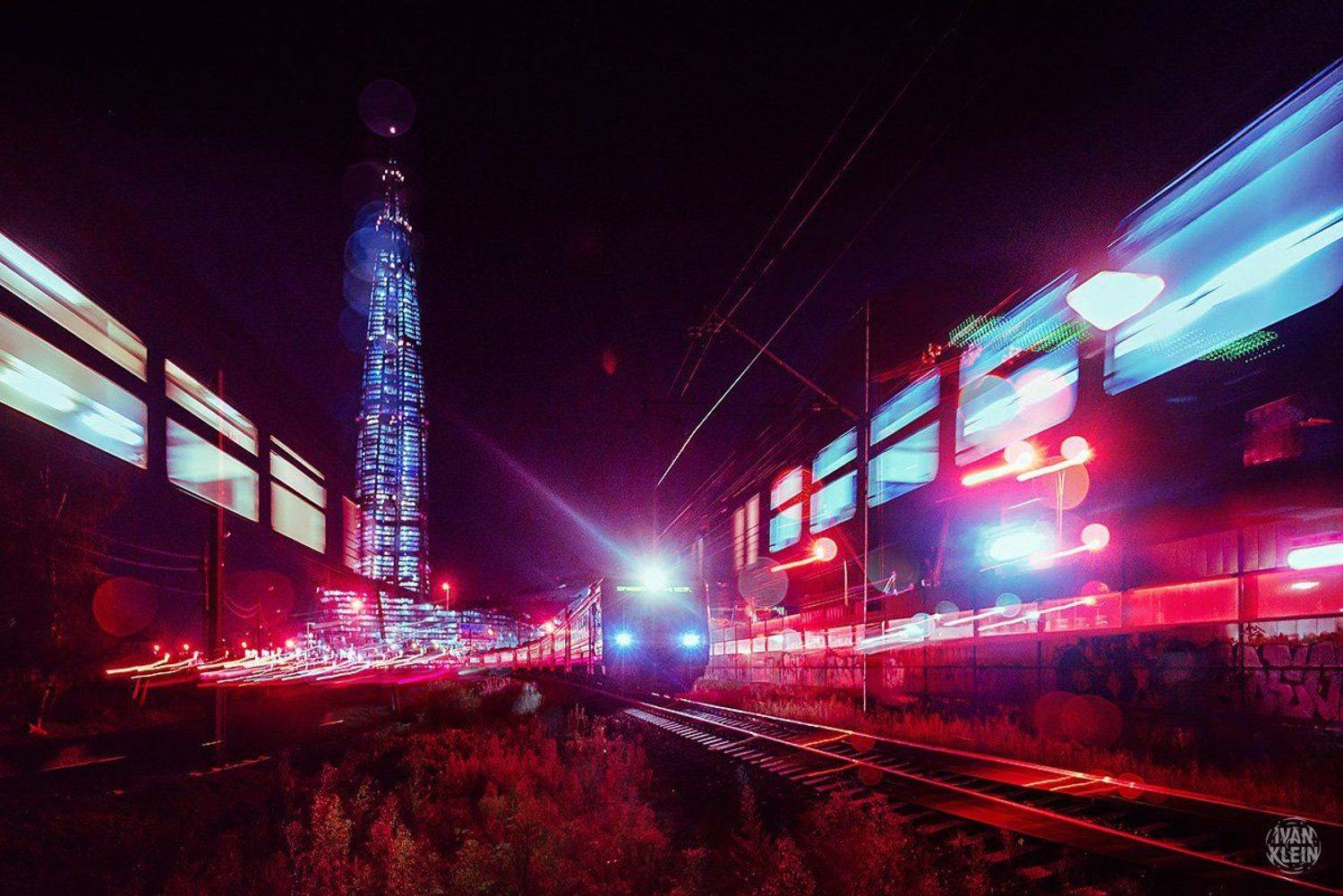 город, центр, питер, петербург, спб, санктпетербург, здания, здание, архитектура, ночь, ночной город, длинная выдержка, россия, поезд, электричка, рельсы, транспорт, небоскреб, киберпанк, лахта центр, лахта,, Иван Клейн