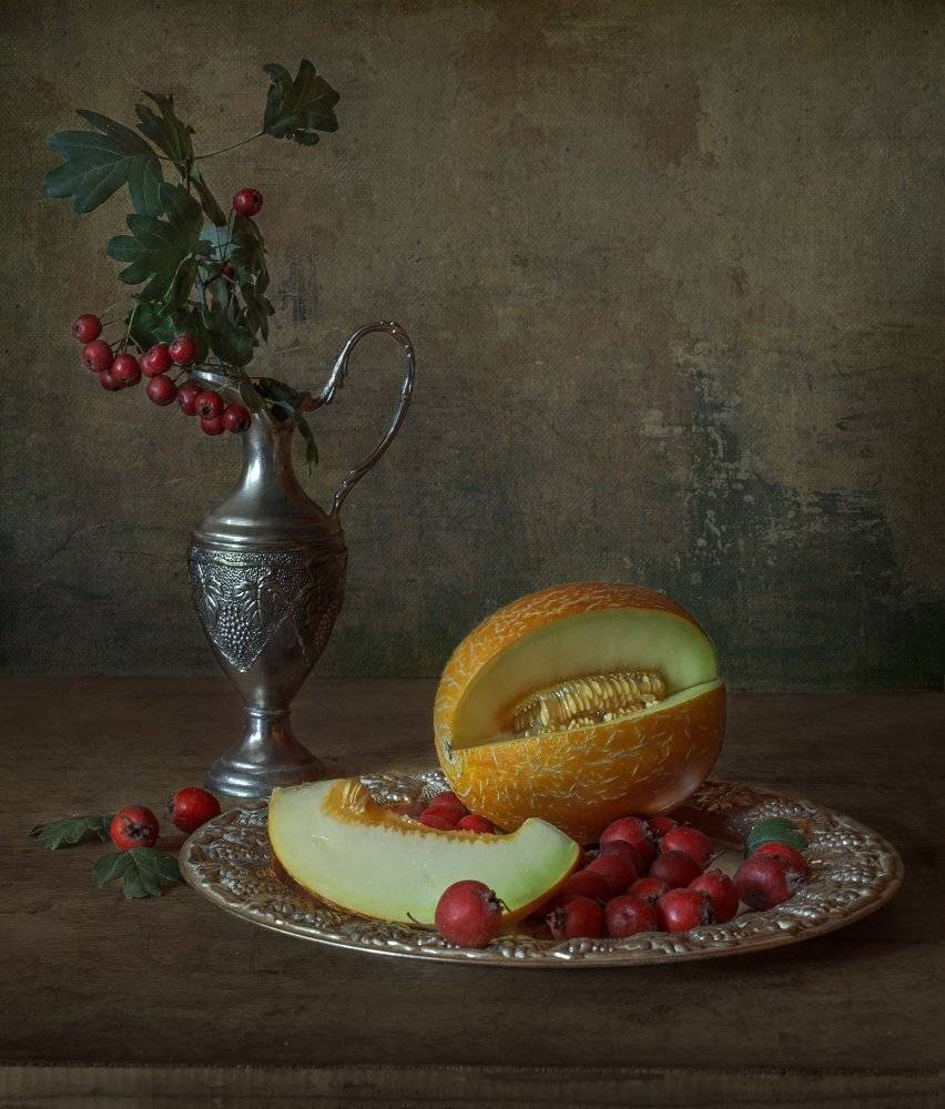 дыня,боярышник,кувшин,этюд,натюрморт, Елена Брежицкая