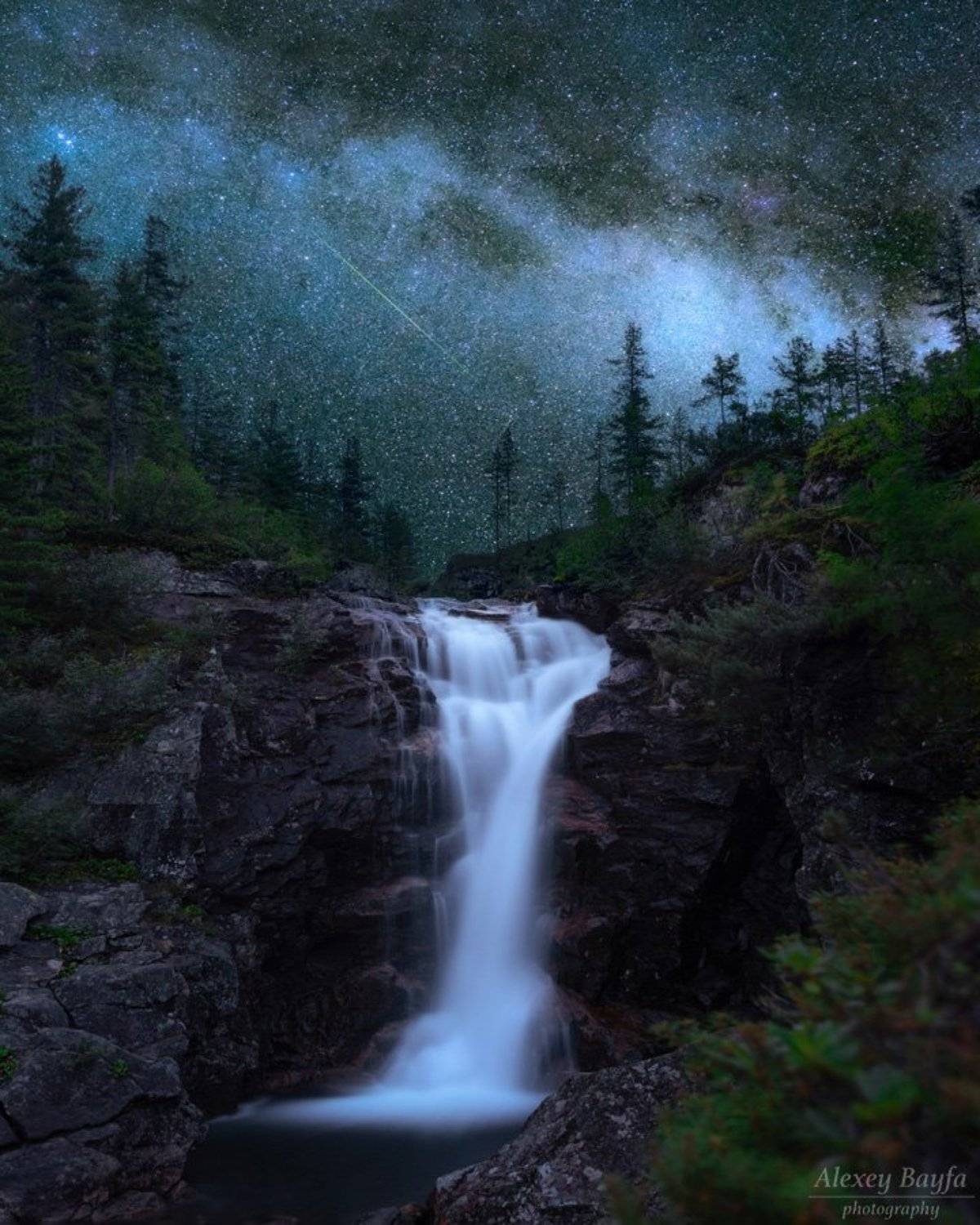горы, водопад, река, звёзды, лето, млечный путь, пейзаж, ночь,, Алексей Байфа