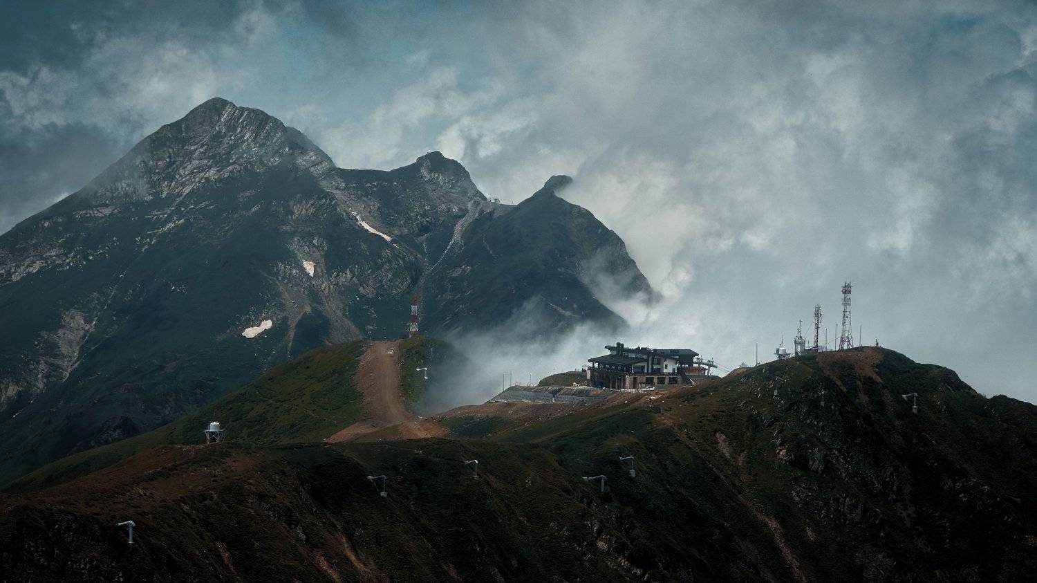 mountains, mountain, rocks, cliff, building, station, sky, clouds, fog, antenna, snow, grass, landscape, road, hills, cinematic, cine, film, filmlook, colors, colorgrade, colorgrading, shot, still, frame, sony, a6300, sochi, caucasus, nature, Кыштымов Максим