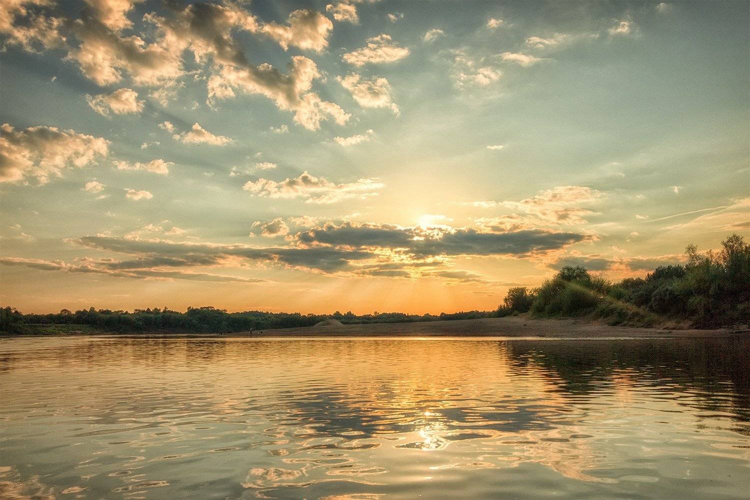 закат, лето, река, небо, облака, отражение, солнце, Пушкарев Николай