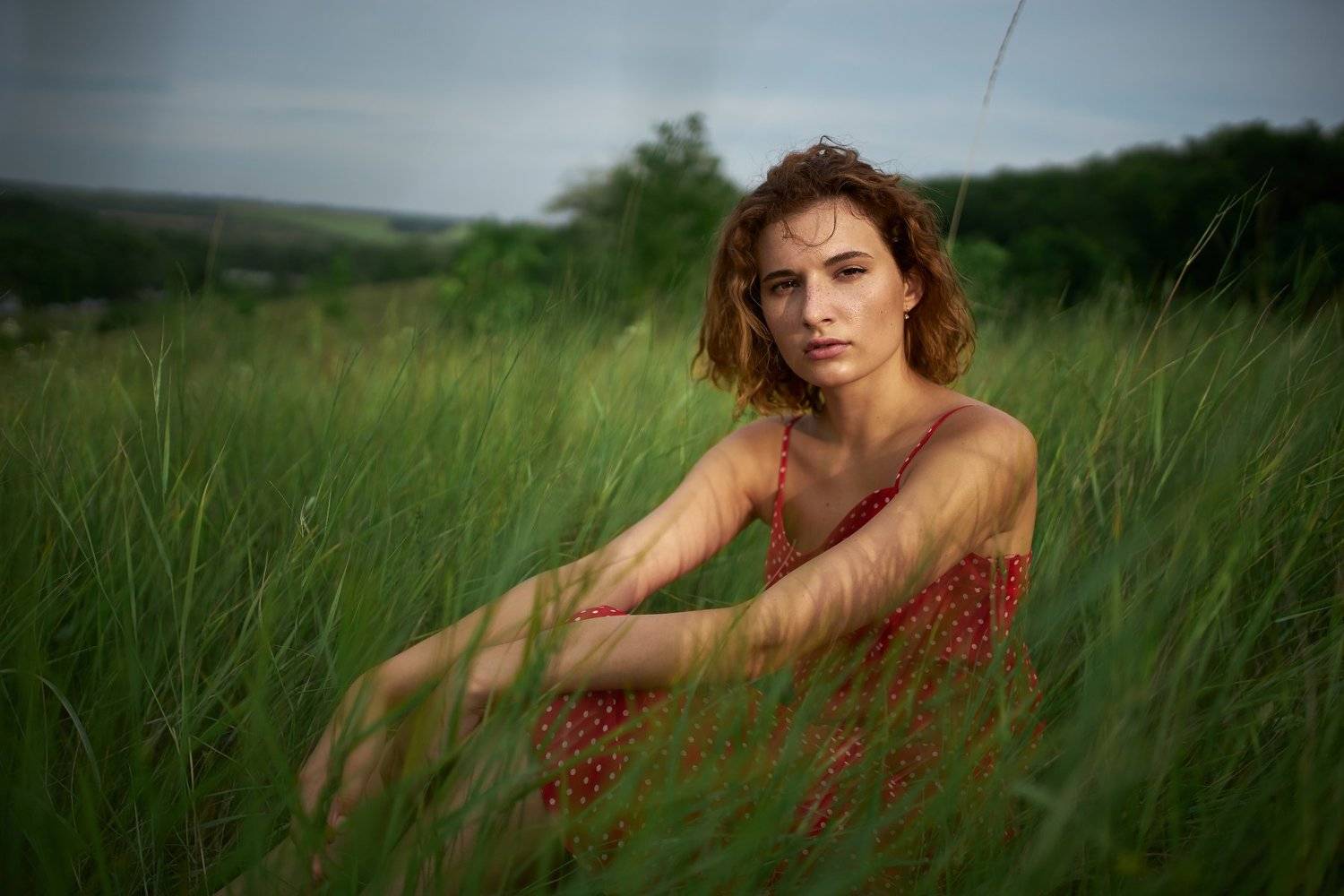 summer grass girl field day beautiful sundress ginger, Илья Чёрный