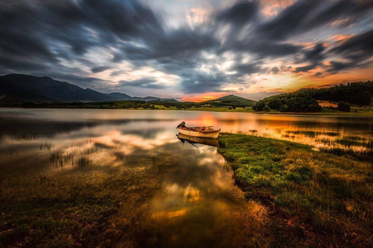 greece, long exposure, lake, boat, sunset, reflections, sky, karditsa, plastiras, orange, landscape, beauty, nature, mountains, water, Konstantinos