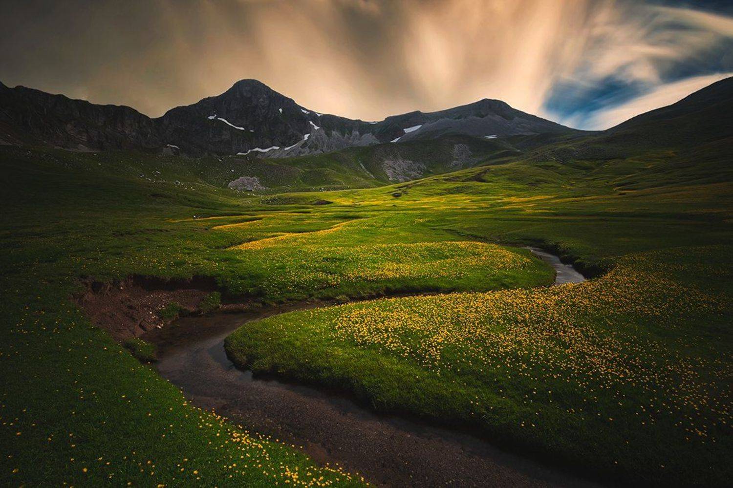 greece, long exposure, field, grass, sunset, valley, sky, mountain, clouds, flowers, landscape, beauty, nature, mountains, water, stream, Konstantinos