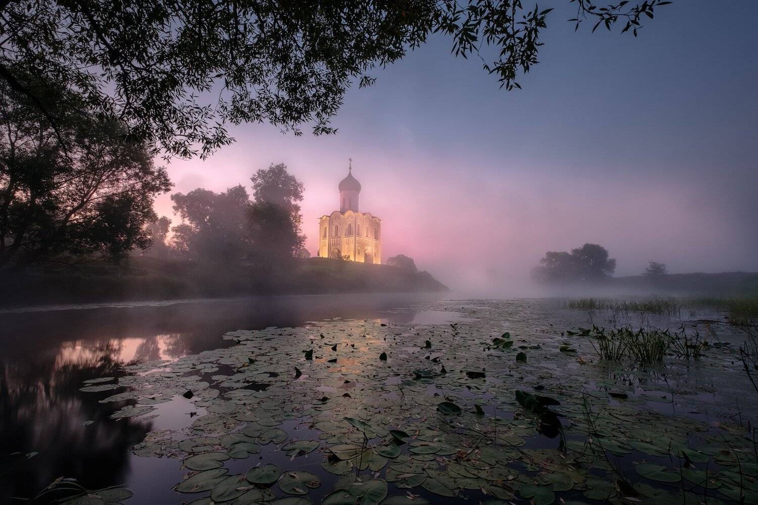 пейзаж, нерль, церковь, храм, рассвет, пруд, отражения, Андрей Чиж