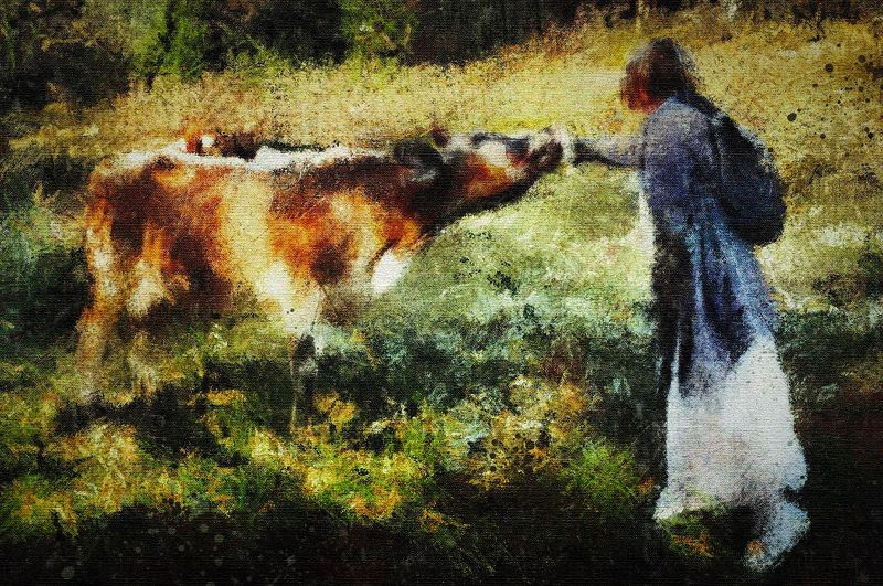 арт,пейзаж,природа,деревня,село,корова,картина,стилизация // фото превью