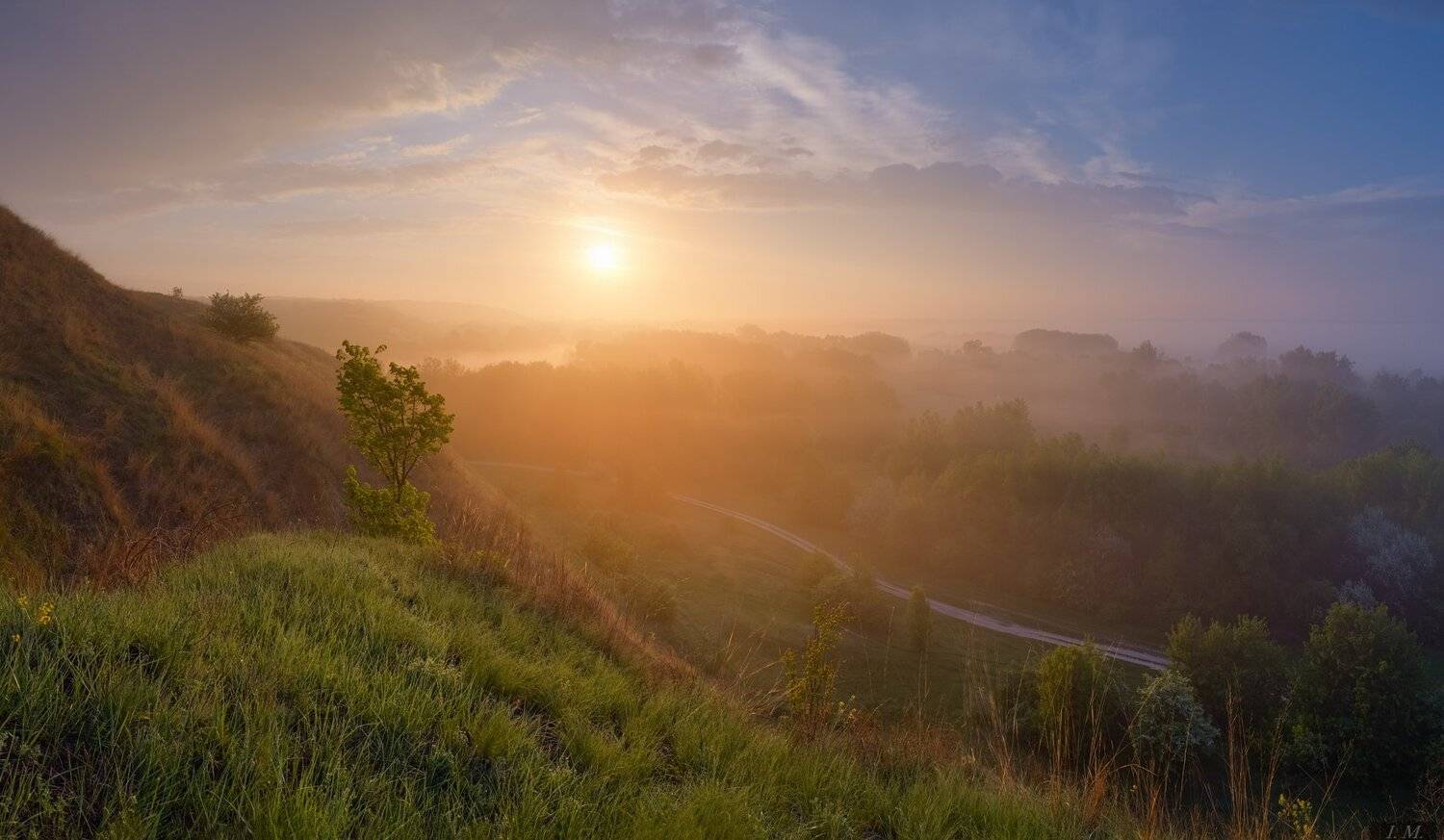 утро, рассвет, солнце, туман, весна, холмы, долина, панорама, свет, золотой, пейзаж, облака, morning, fog, light, colors, golden, sun, misty, valley, grass, hills, foggy, spring, sunrise, landscape, panorama, sunlight, countryroad, clouds, Ivan Maljarenko