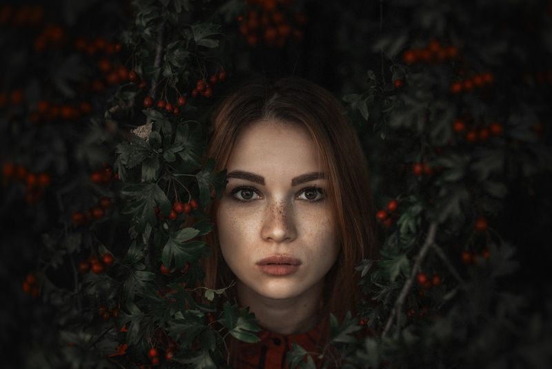 портрет, девушка, красные ягоды, взгляд Таня фото превью