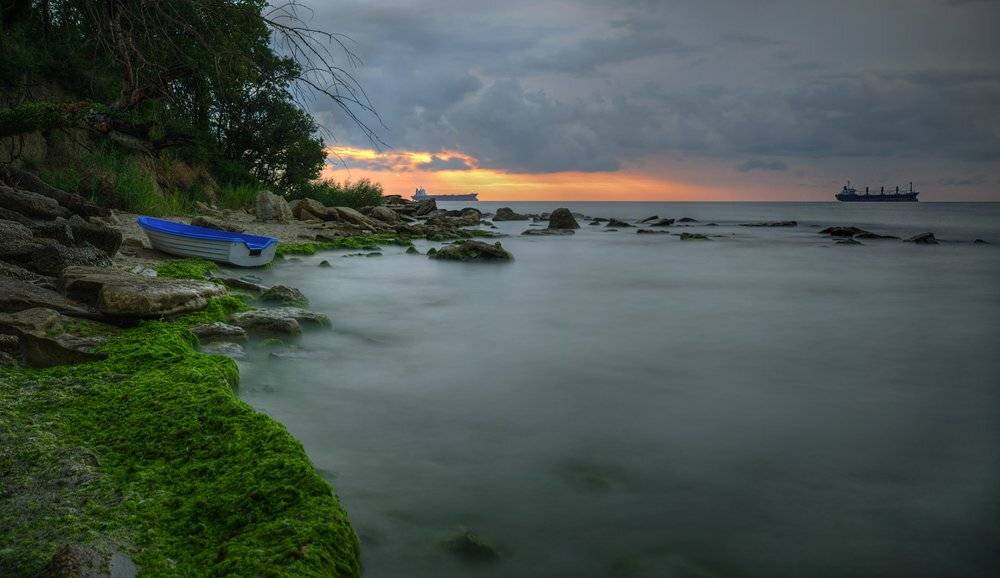 boat, ships, morning, sea, sunrise, calm, Philip Peynerdjiev