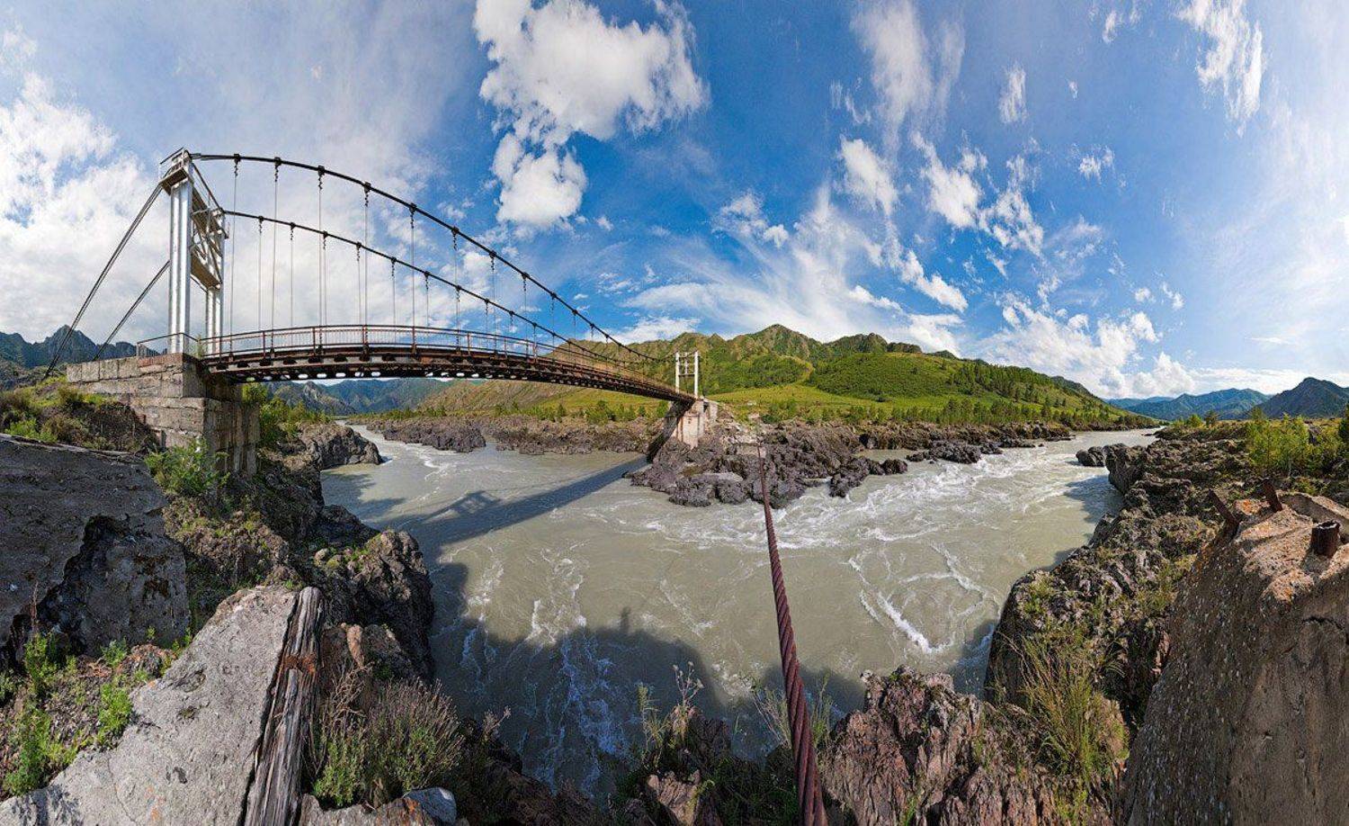 река, вода, камни, мост, стальной, трос, Андрей Заржецкий