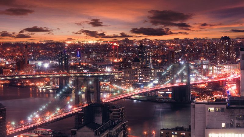 cityscape, night, urban skyline, bridge - man made structure, famous place, usa, city, river, urban scene, architecture, new york city, downtown district, dusk, manhattan - new york city, sunset, brooklyn bridge, illuminated, brooklyn - new york, built st Brooklyn Bridge at Dusk фото превью