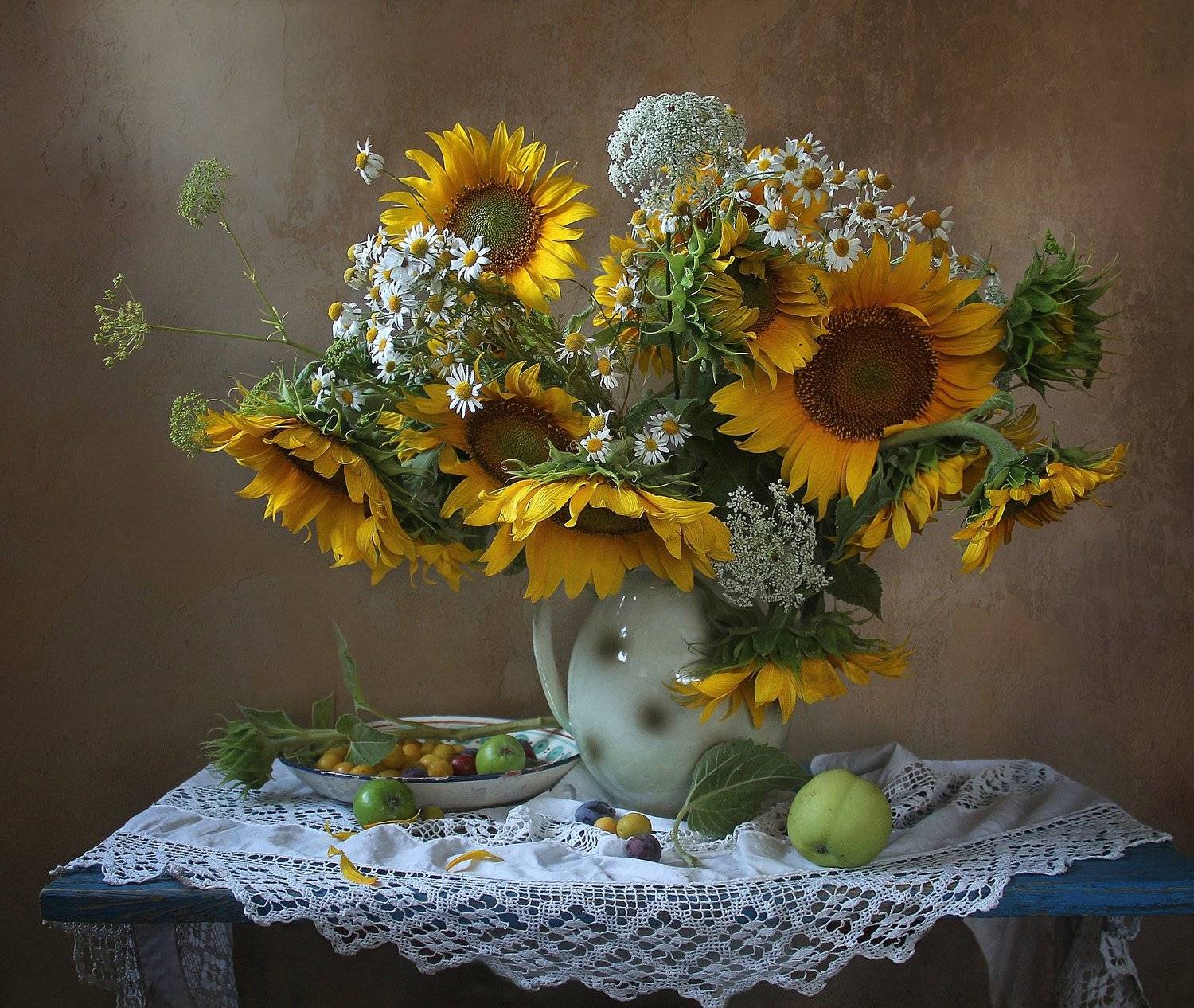 натюрморт, цветы, марина филатова, подсолнухи, яблоки, Марина Филатова