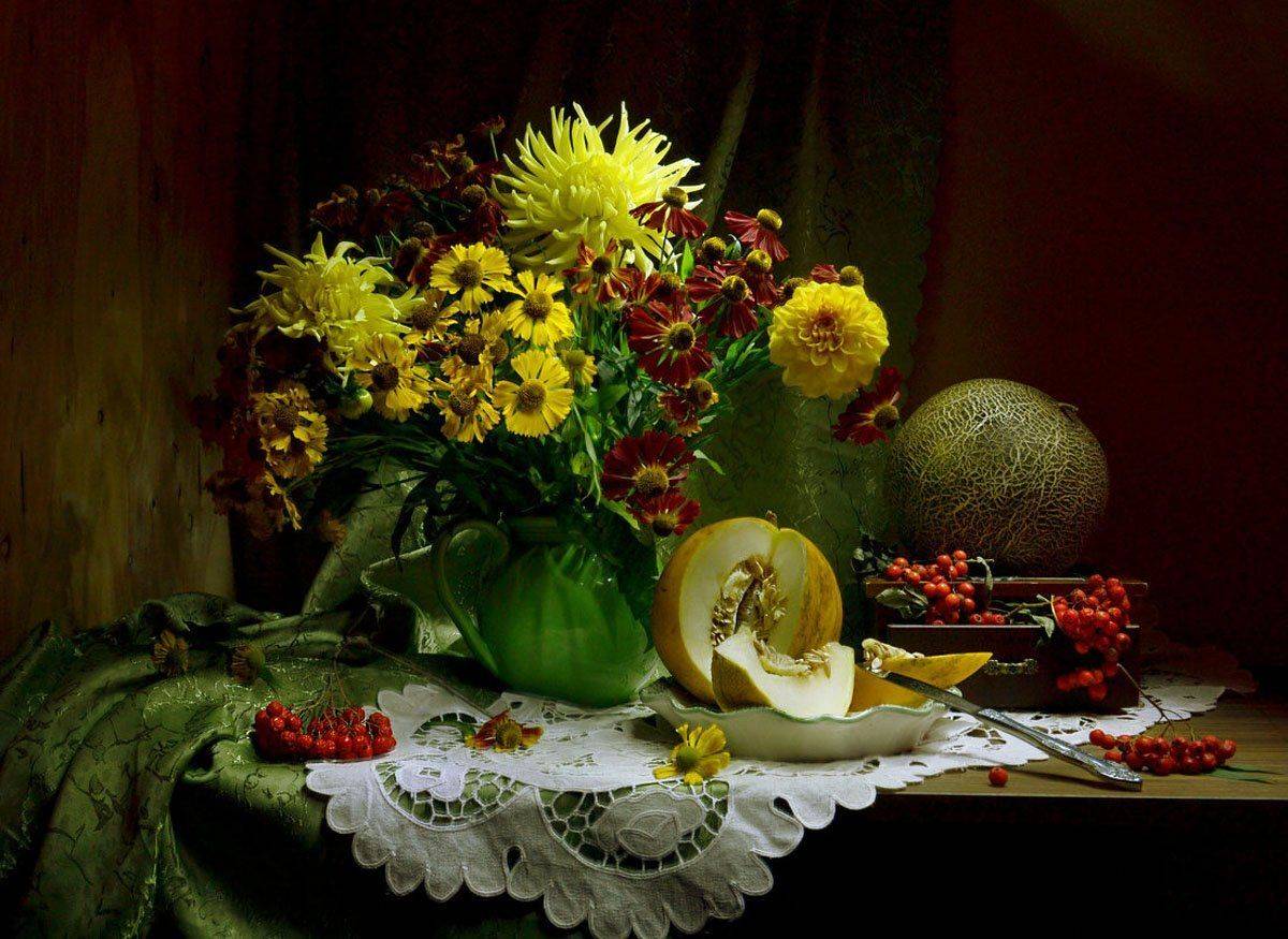 still life,натюрморт, цветы фото натюрморт сентябрь рябина осень дыня георгины гелениум, Колова Валентина