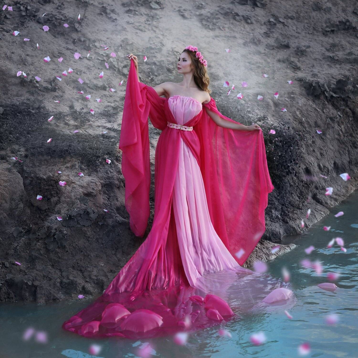 лепестки, летящие лепестки, девушка в розовом, девушка с венком, вихрь из лепестков, Ирина Голубятникова