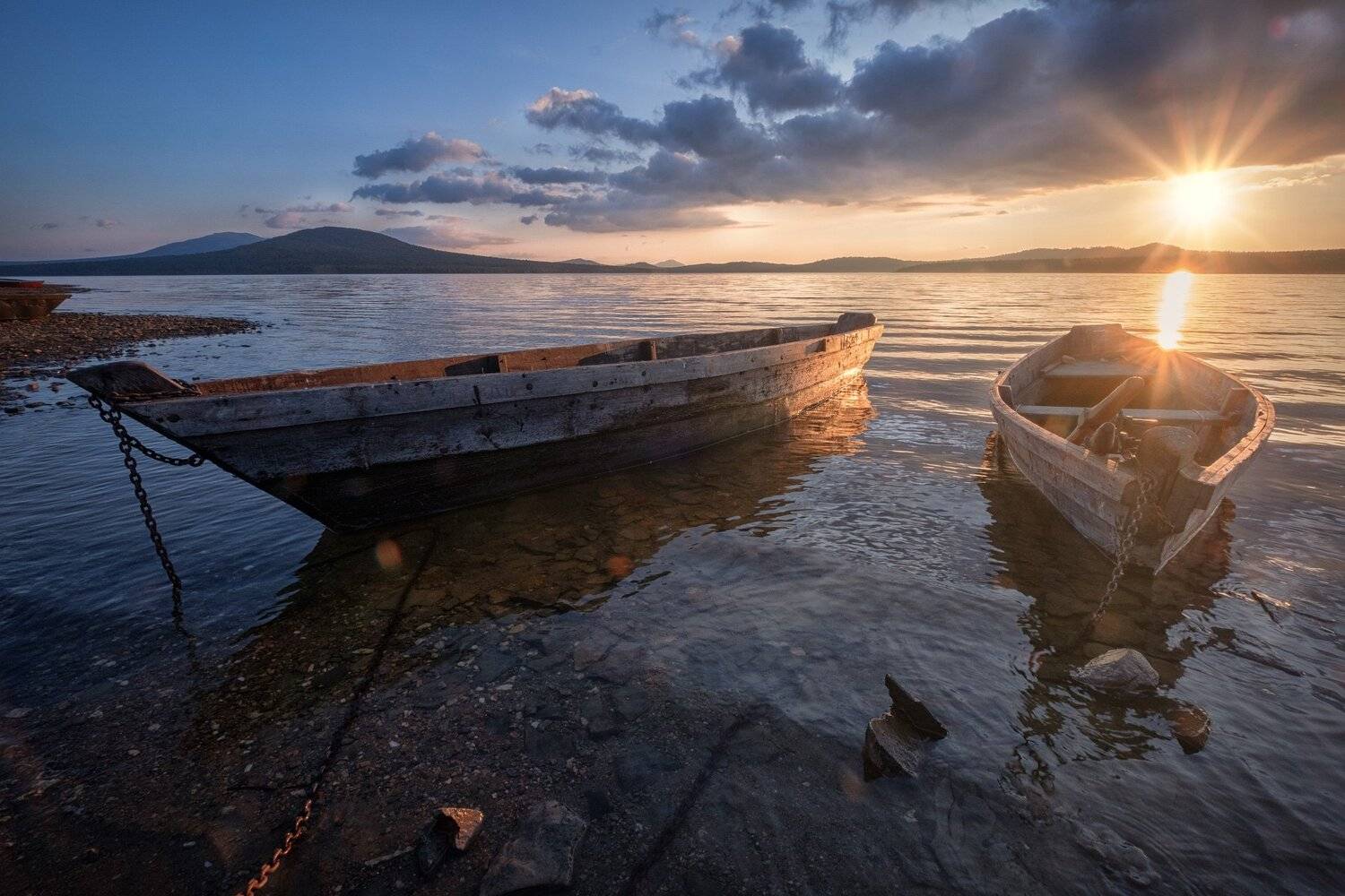 зюраткуль, пейзаж, озеро, закат, лодки, горы, небо, Андрей Чиж