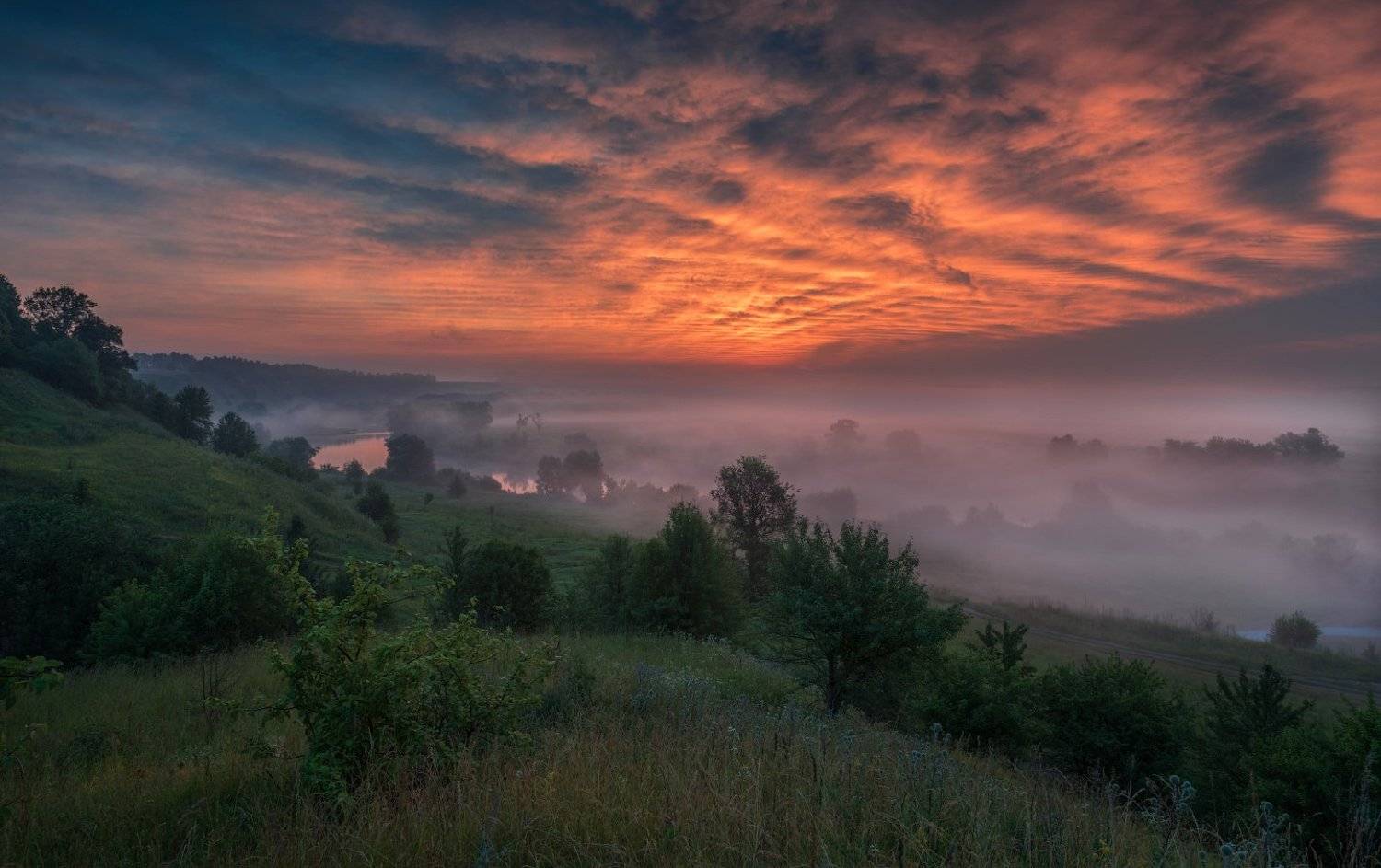 утро, рассвет, природа, туман, река,, Виталий Левыкин
