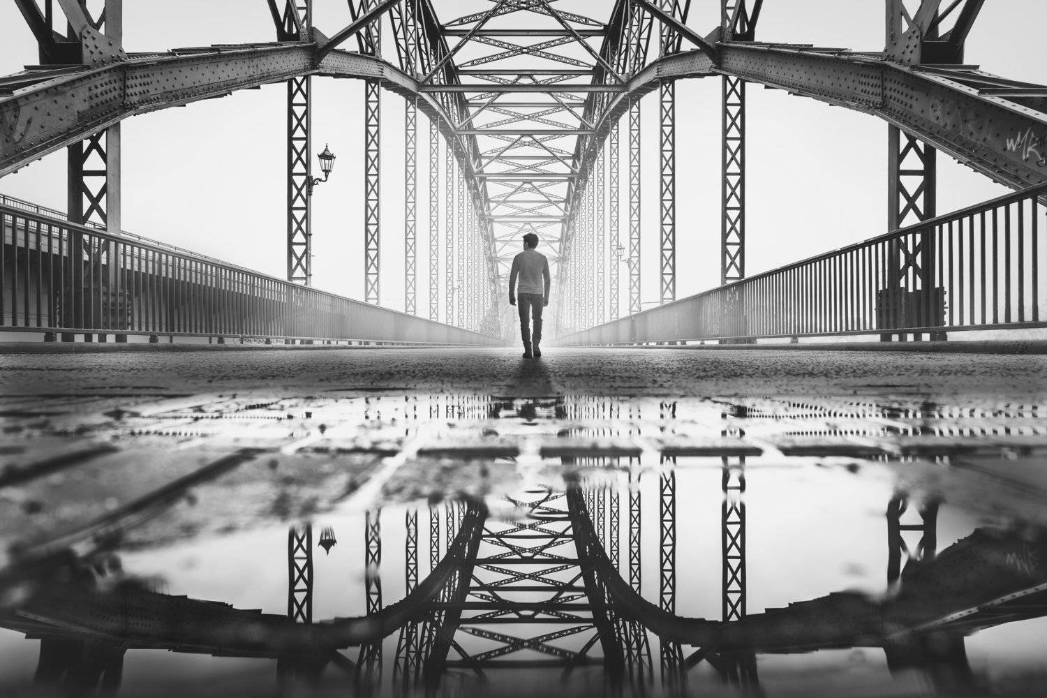 hamburg, germany, bridge, reflection, puddle, water, rain, urban, street, people, Alexander Sch&ouml;nberg