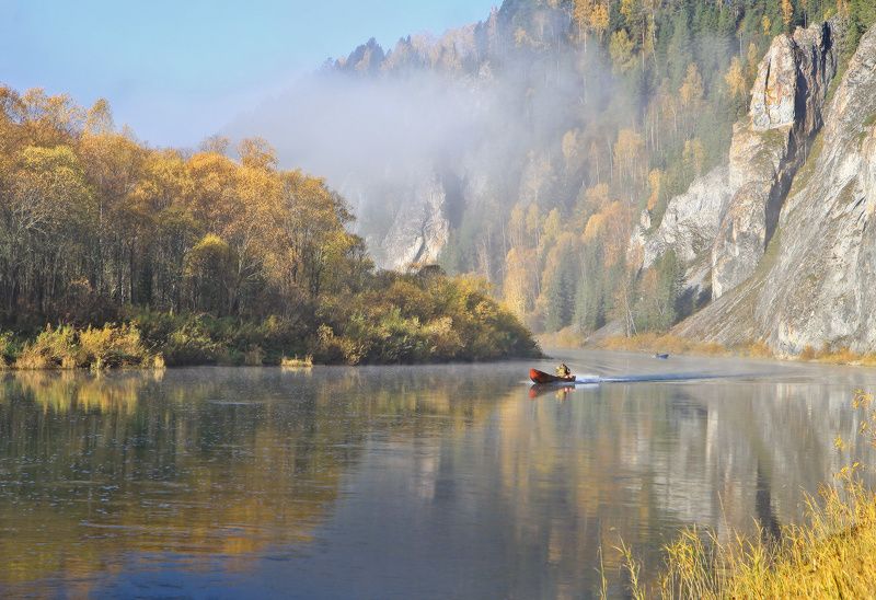 горная шория, сибирь, мрассу, осень, река, рыбак, туман, природа, пейзаж, горы Мрас-су фото превью