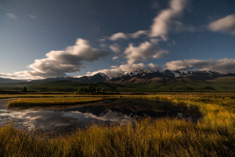 ночь, пейзаж, луна, озеро, горы Ночное озеро фото превью