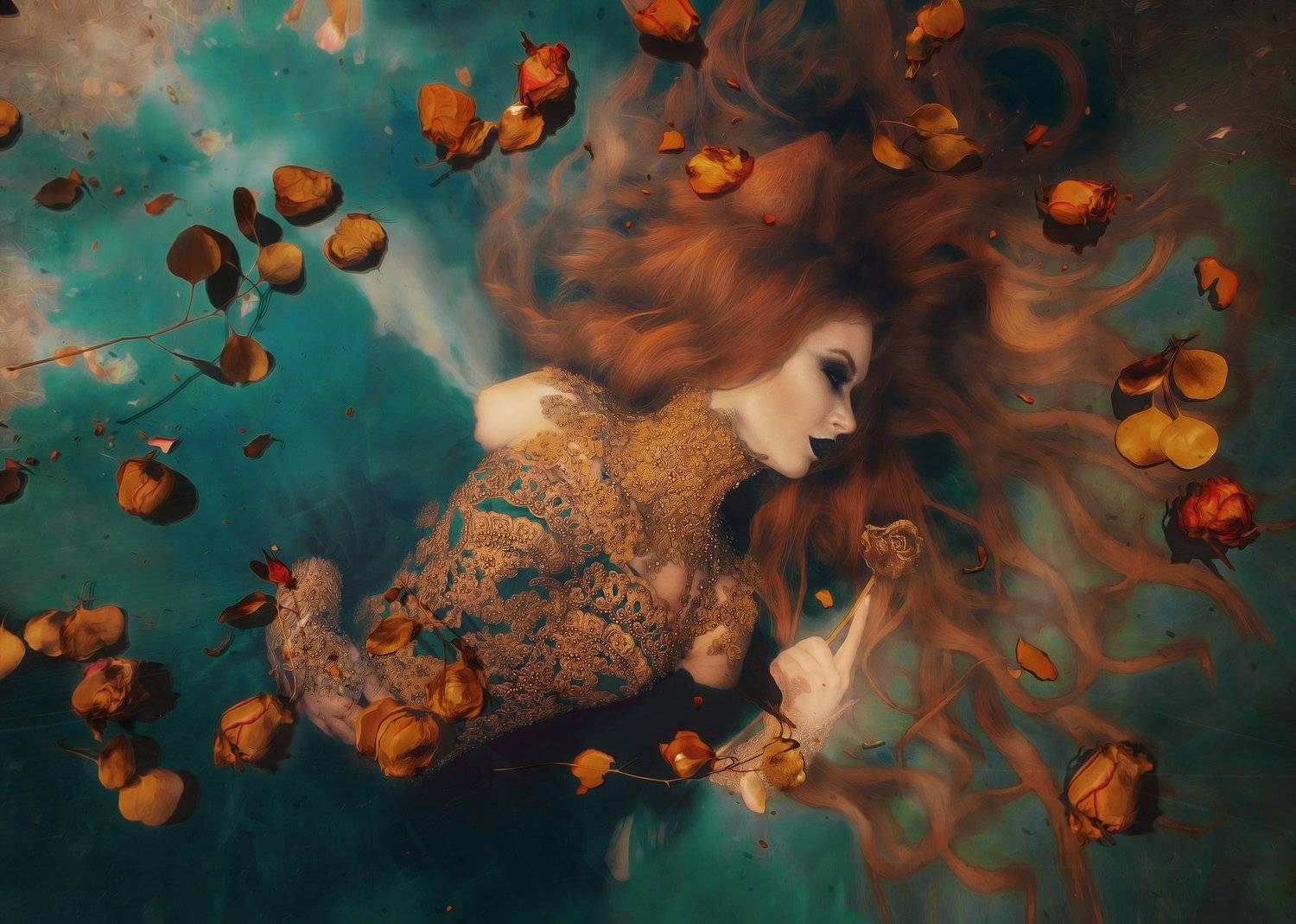 fox лисица девушка зеленое платье золото рыжая girl green dress gold red  fantasy world фентези мир under glass под стеклом, Софья Ознобихина