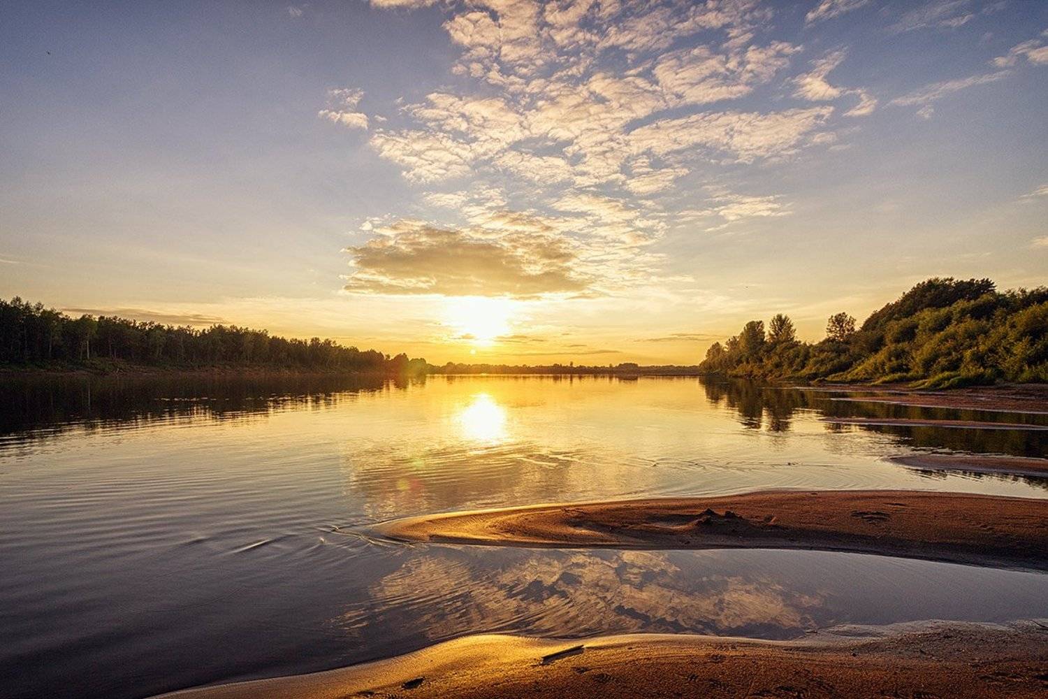 закат, лето, река, небо, облака, отражение, солнце, Пушкарев Николай
