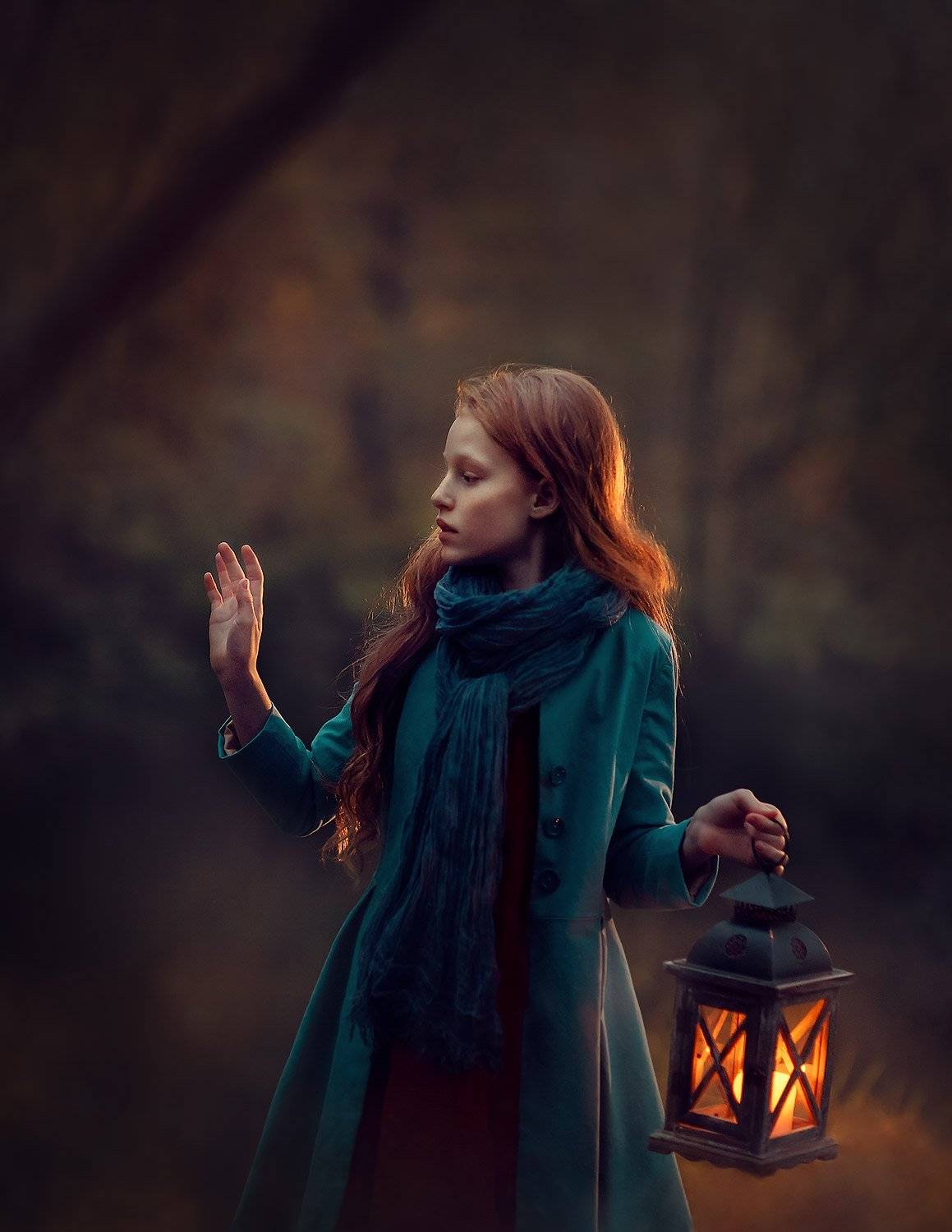 девочка, девушка, ночь, лес, фонарь, lantern, backlight, girl, forest, red, jinger, candle,light, portrait, Катрин Белоцерковская