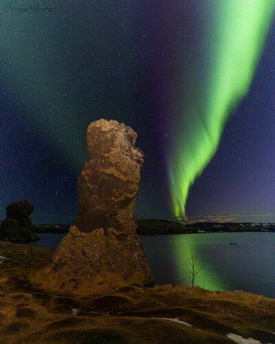 Myvatn lake & northern lights. Iceland.