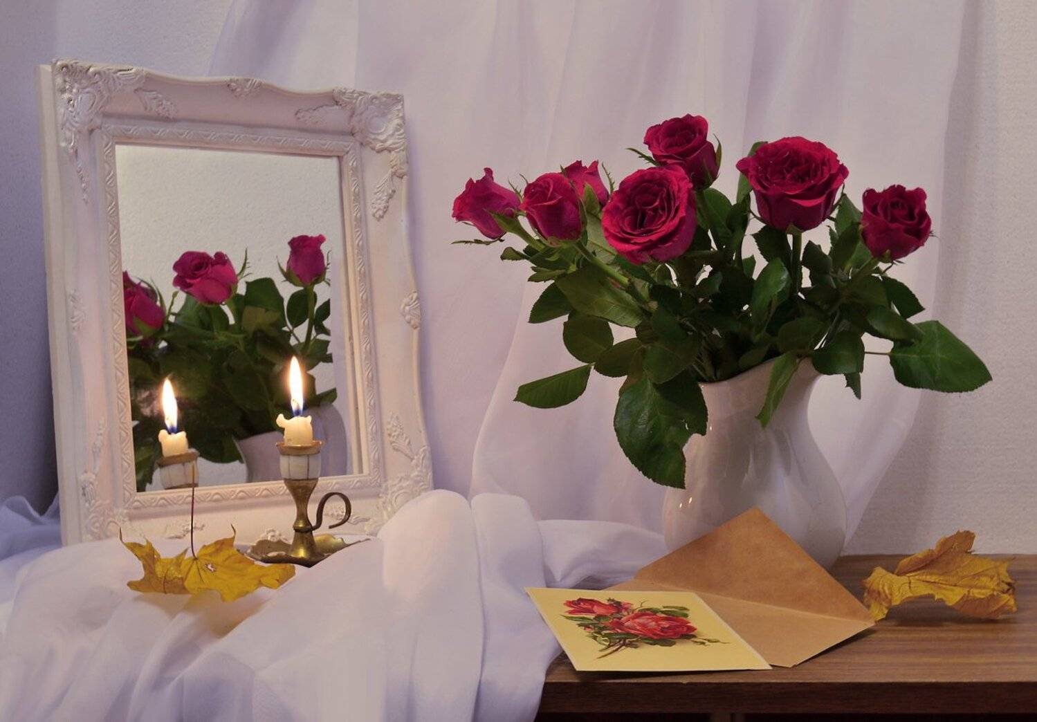 still life,натюрморт,осень, сентябрь, фото натюрморт, розы,цветы, настроение, зеркало,  свеча,  письмо, открытка, Колова Валентина