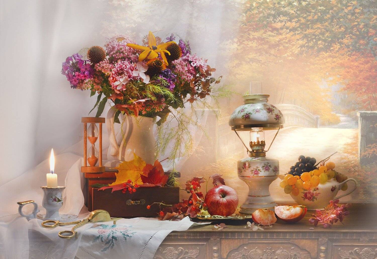 still life,натюрморт,фото натюрморт, осень, октябрь, цветы, керосиновая лампа, фарфор, подсвечник, свеча, песочные часы, калина, виноград, кленовые листья, настроение, Колова Валентина
