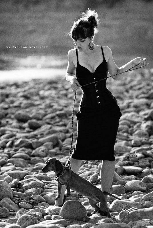 портрет, собака, такса, фотосессия, девушка, гламур, черно-белое, природа Mery and Lora фото превью