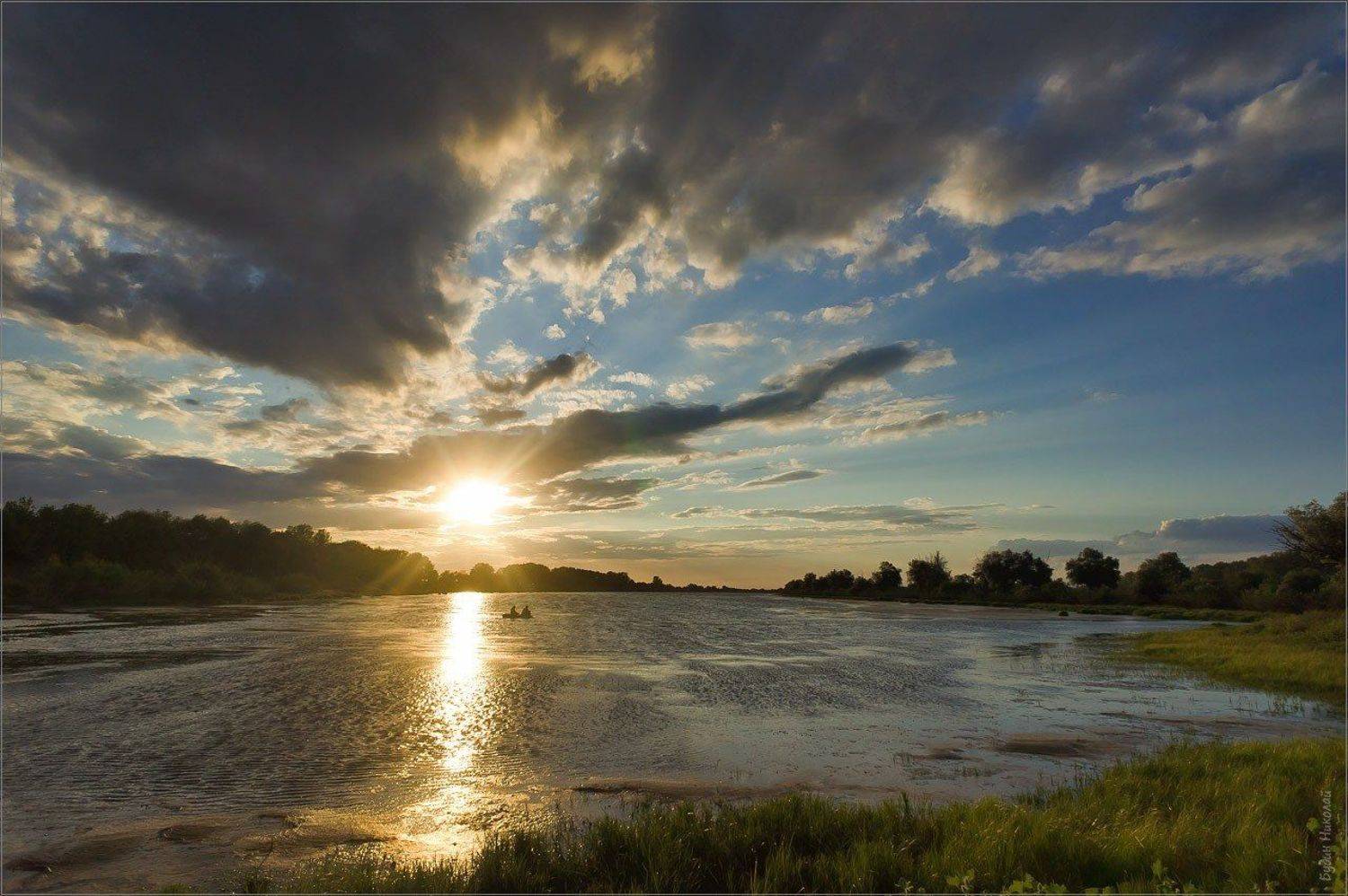 вечер, закат, рыбаки, облака, вода, Будин Николай
