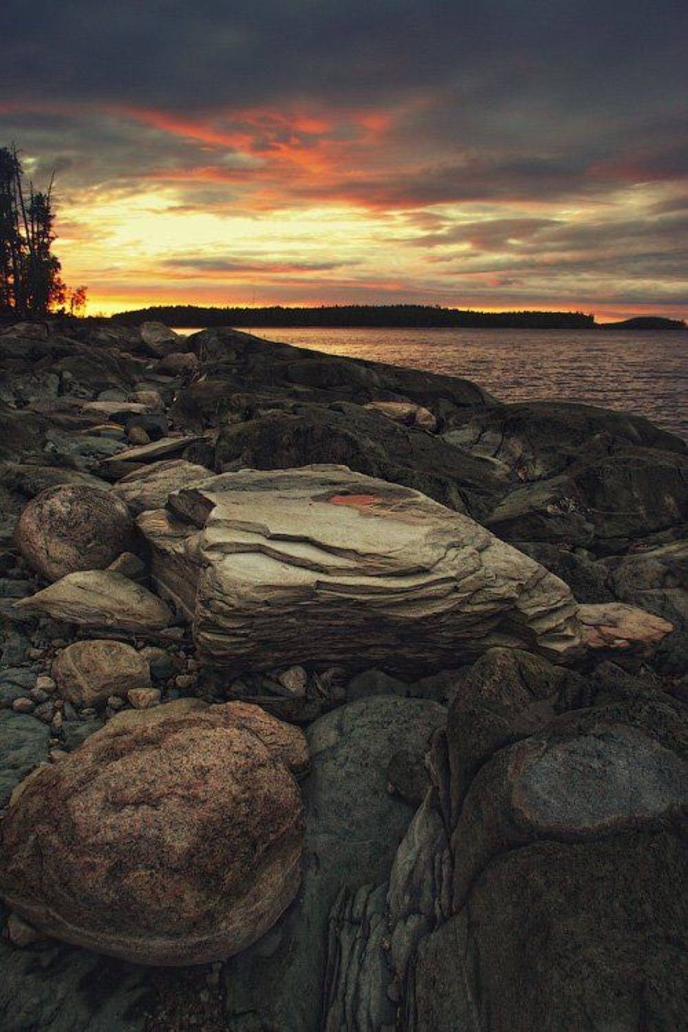 россия, карелия, пейзаж, озеро, закат, камень, берег, лес, небо, вода, dyadyavasya, Дмитрий Шамин