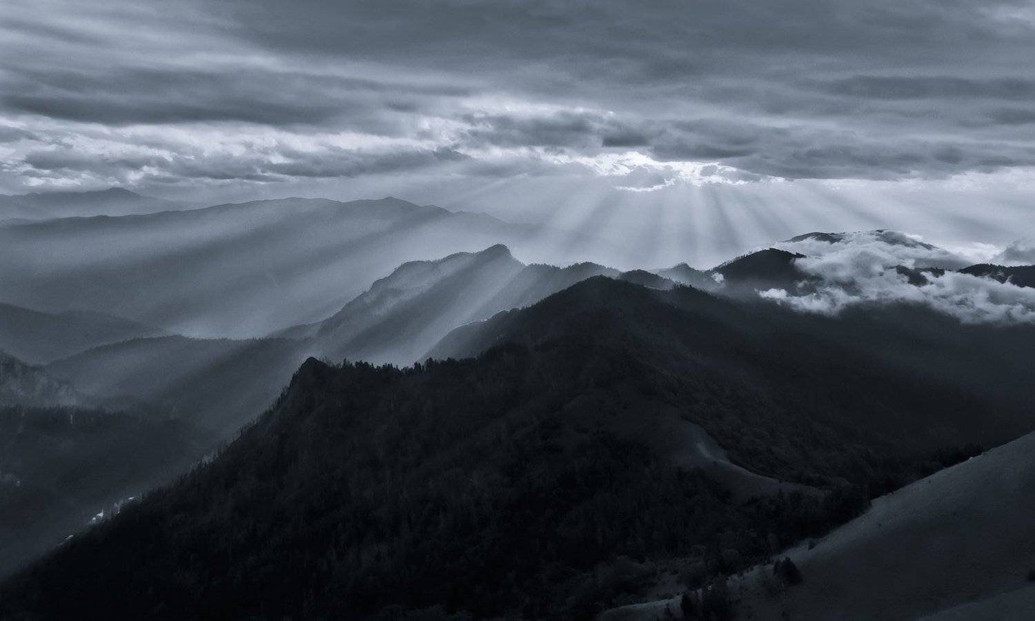 свет, горы, закат, ч.б., ФЁДОР