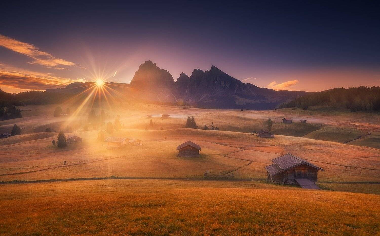 siusi dolomiti italy landscape sunrise mountains cabin clouds , Roberto Pavic