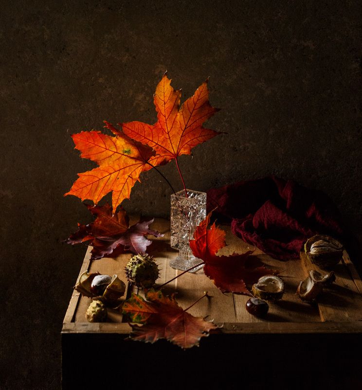 осень, кленовый, лист, красный, натюрморт, осенний, каштан Два листа фото превью