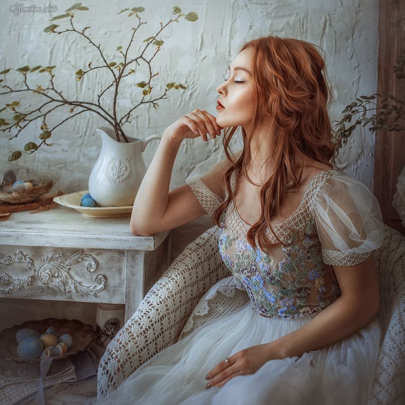 девушка, портрет, фэшн, платье, утро, рыжая, girl, portreit, red hair, dress, fashion  фото превью