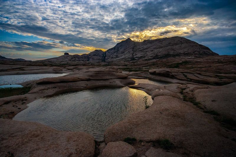 Рассвет, гора, гранит, Бектау, Бектау-Ата, Казахстан, цветок, лужа, темное небо Первые лучи фото превью