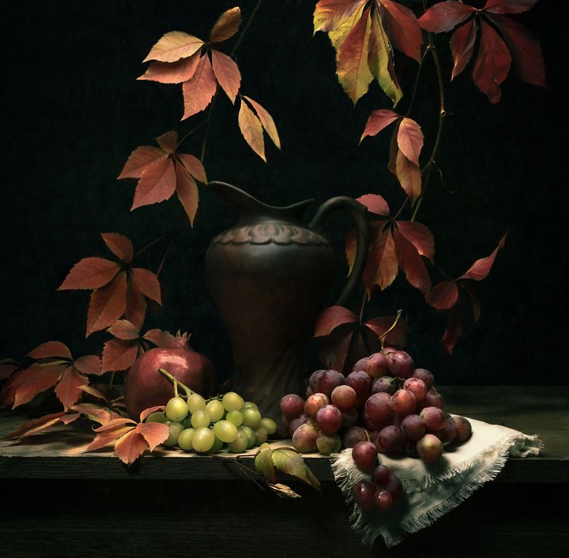 виноград, кувшин, гранат, лоза, натюрморт, вино *** фото превью