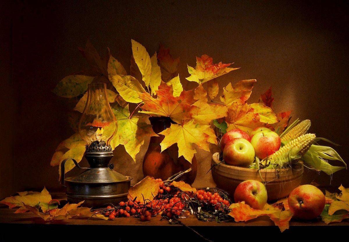 still life,натюрморт,фото натюрморт,осень, октябрь ,облепиха, кукуруза, кленовые листья, керосиновая лампа, Колова Валентина