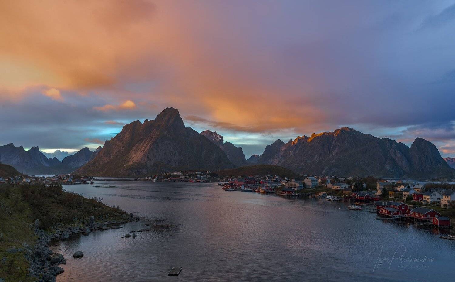reine, norway, lofoten islands, orange sky, sunset, sea, Игорь Приданников