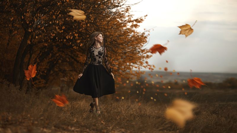 Краски осени, художественный портрет, портрет девушки, детский портрет, осень, листья, лес, жанр, художественная обработка Ветер перемен фото превью