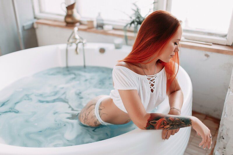Redhead bathroom uniform POV