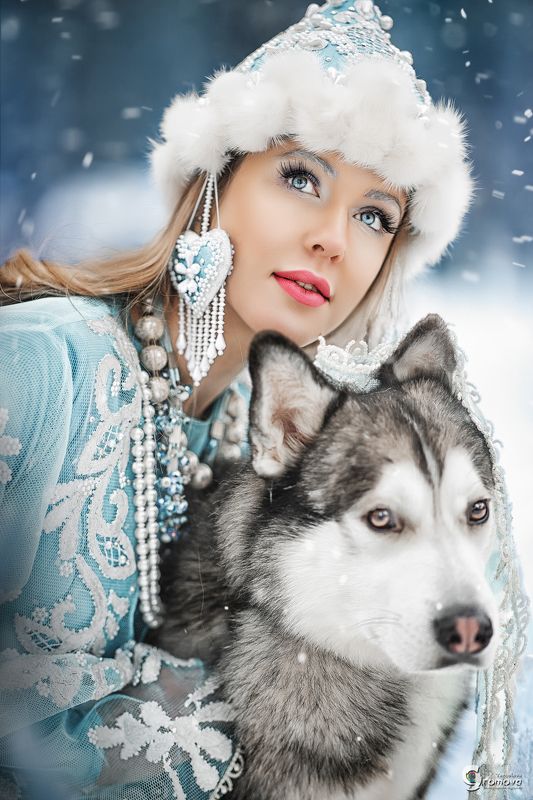 девушка, снегурочка, Акшакар, сказка, хаски, волк, зима, новый год, снег, портрет Снегурочка фото превью