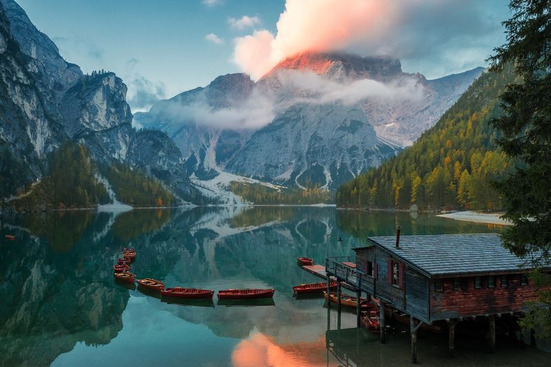 италия, доломиты, озеро, отражение, рассвет, осень, брайес Lago di Braises фото превью