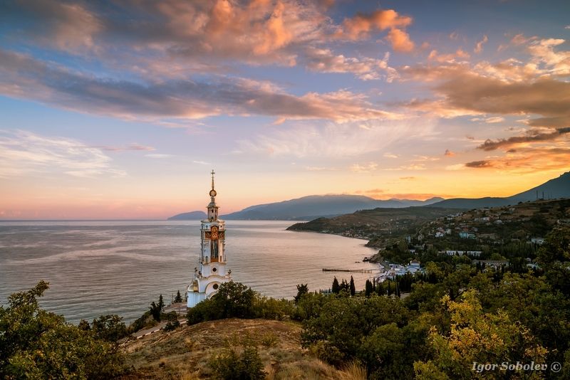 крым, храм-маяк, закат, crimea, temple lighthouse, sunset Закат в Малореченском фото превью